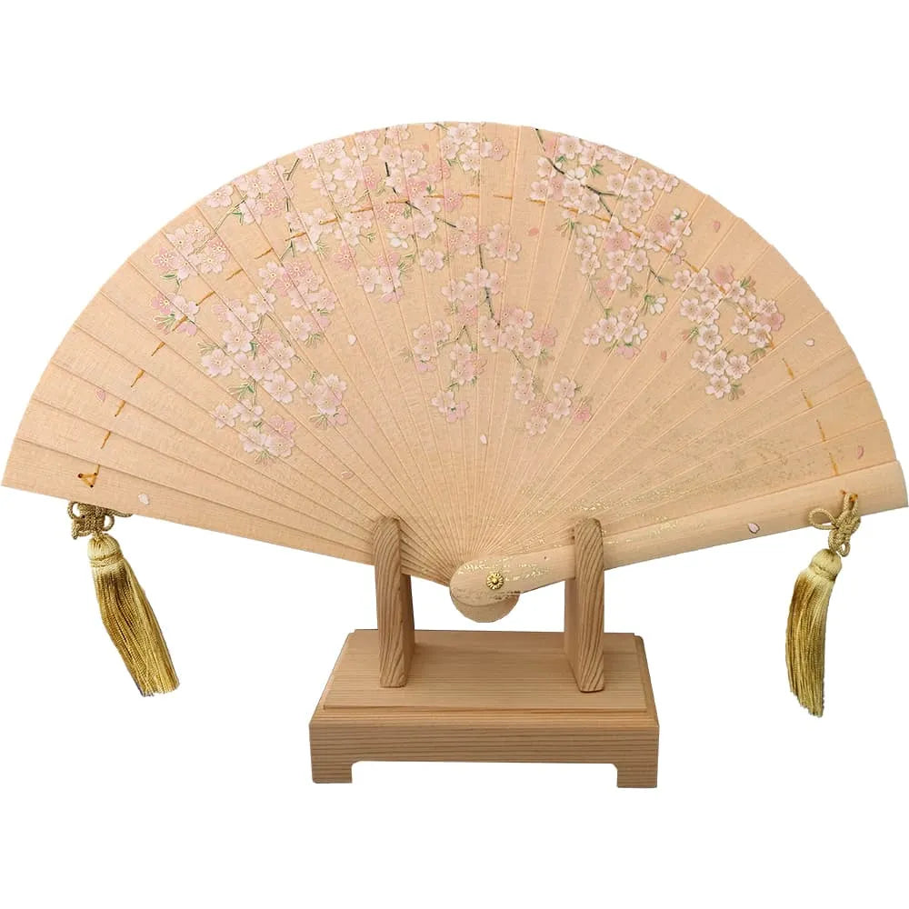 檜扇「しだれ桜」 木製スタンド・桐箱入り – 江戸扇子とうちわの老舗 
