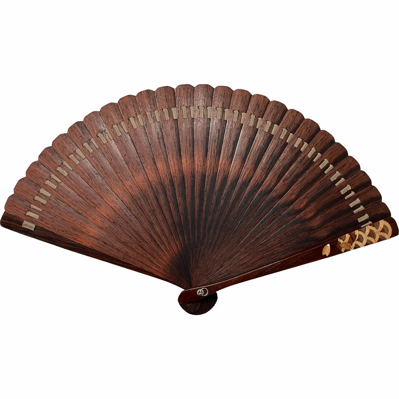 VALEDO, Firenze, Spain, inlaid wood, blue sea waves, leather fan holder, in paulownia wood box