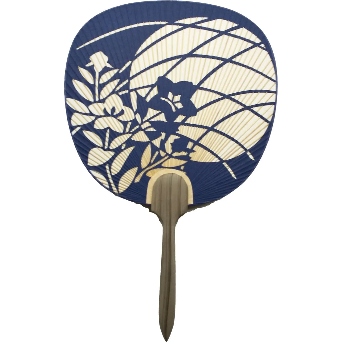 Lune et campanule chinoise (bleue), Tsu Uchiwa sculpté sur toute la surface, papier japonais fait à la main.