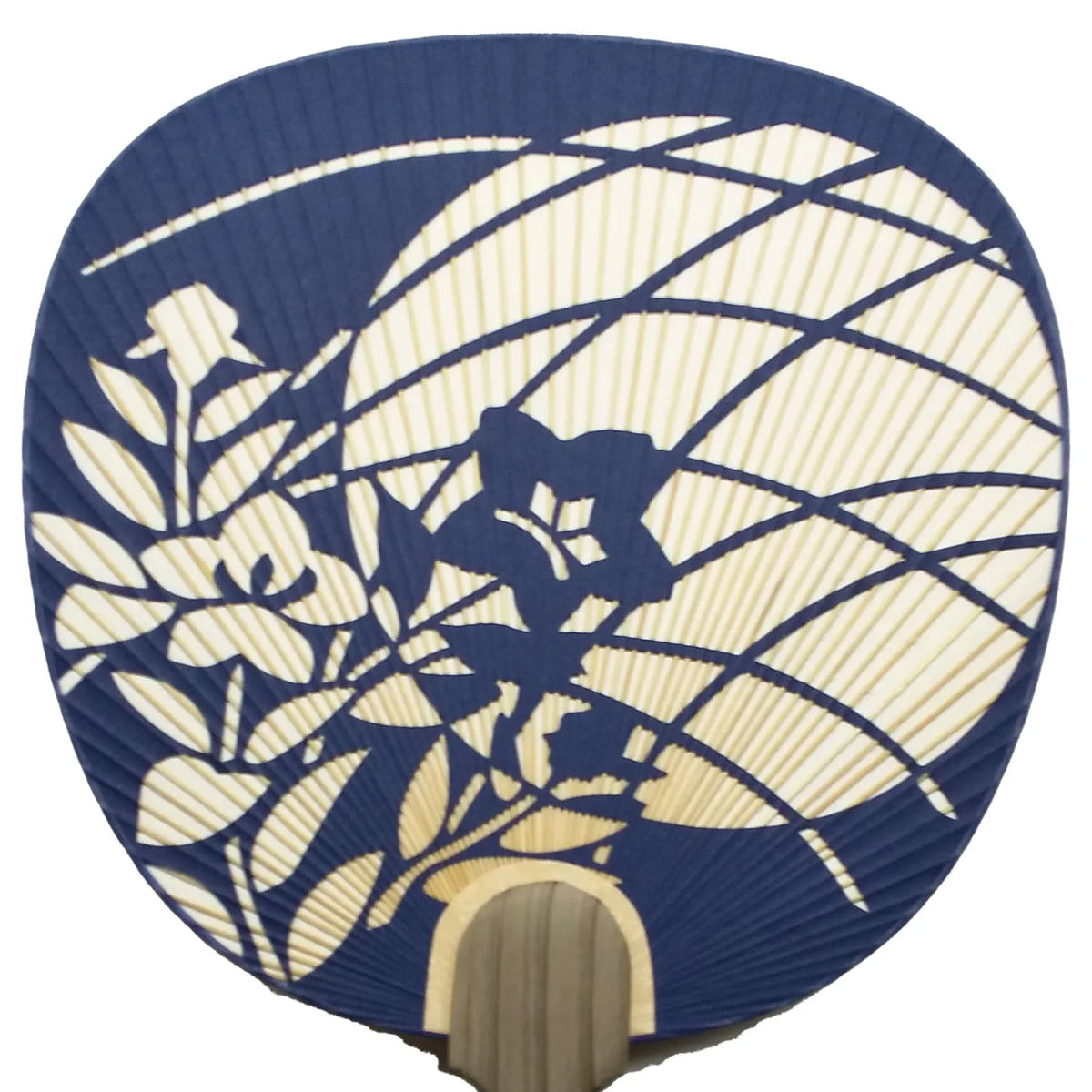 Lune et campanule chinoise (bleue), Tsu Uchiwa sculpté sur toute la surface, papier japonais fait à la main.